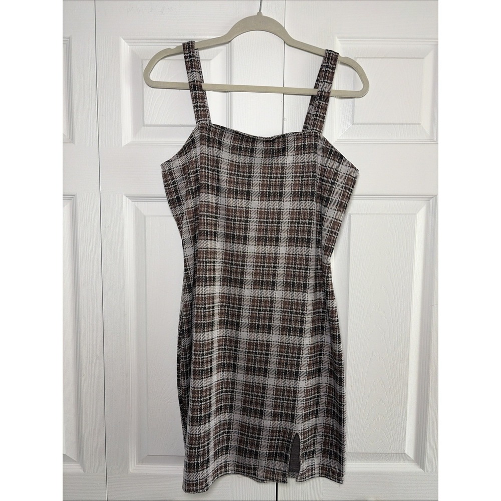 Plaid Mini Dress Womens Size M Brown Grey Bodycon Slit Y2K Sleeveless